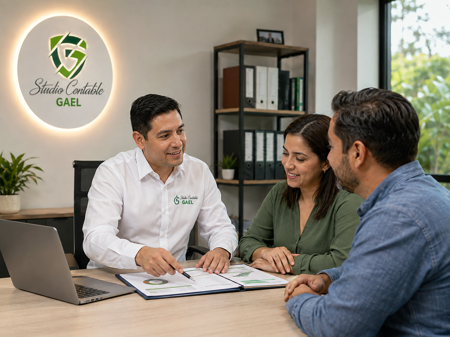 Asesor de Studio Contable GAEL orientando a clientes en una reunión